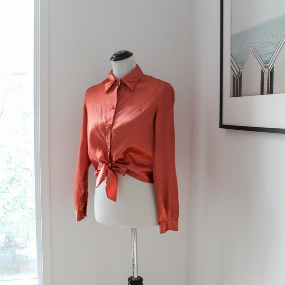 Vintage Tops - SOLD-Vintage 1950s Orange Satin Tie Front Western Crop Top / Shiny Dagger